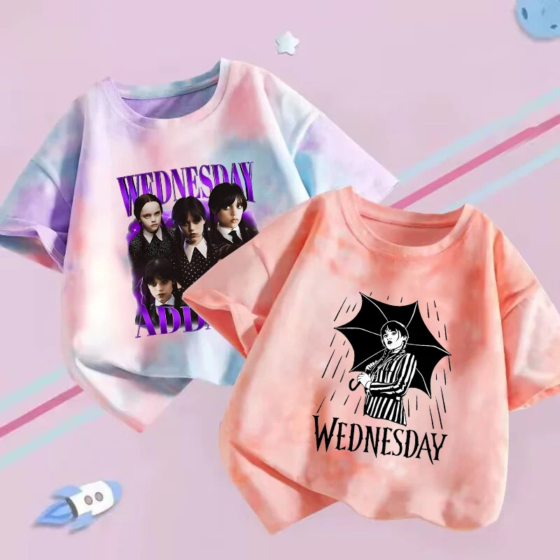

Детская футболка серии Wednesday, летняя американская драма Аддамс, одежда для девочек, трендовые футболки с короткими рукавами и крашением, милый подарок на день рождения