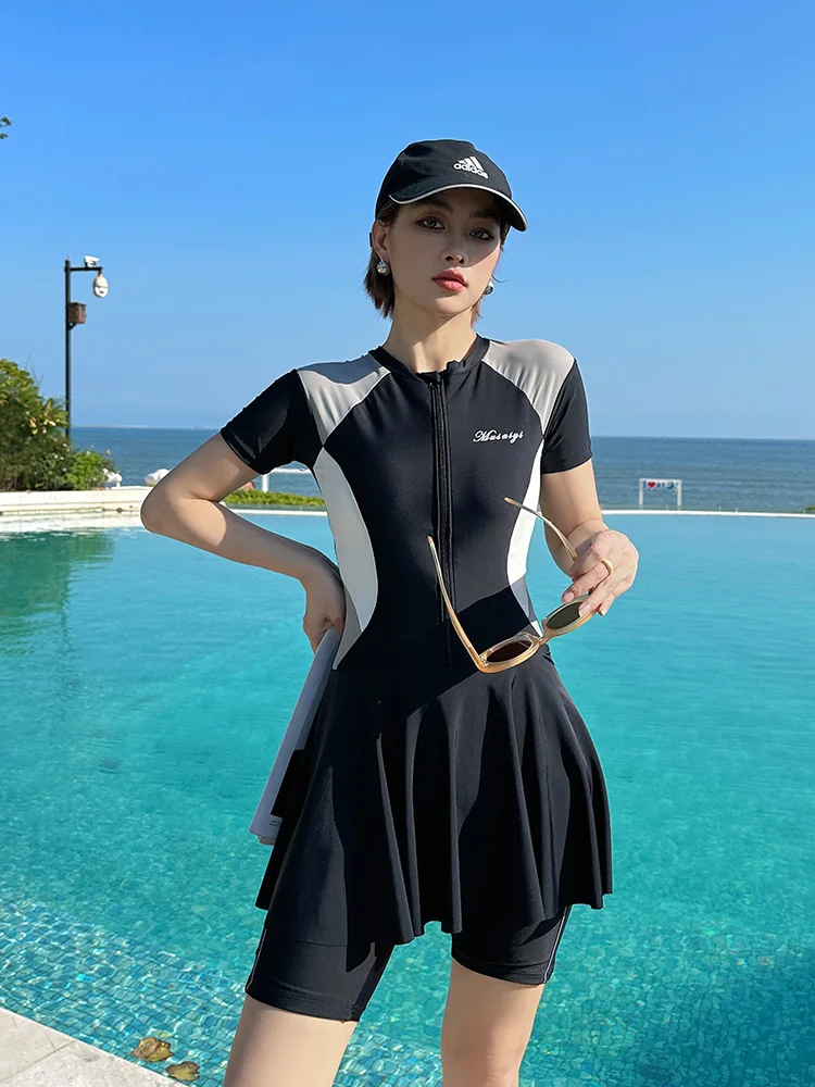 Large Size Black Color Swimwear Women Short Sleeve One Piece Swimsuit With Skirt Conservative Beach Wear Solid Swimming Suit