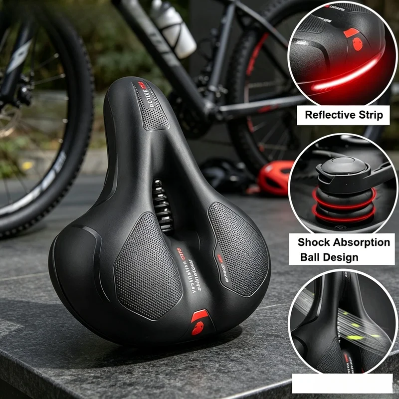 Breiter, bequemer Fahrradsattel, hohler, atmungsaktiver, stoßdämpfender Fahrradsitz mit reflektierendem Streifen, MTB- und Rennradsitz für Herren
