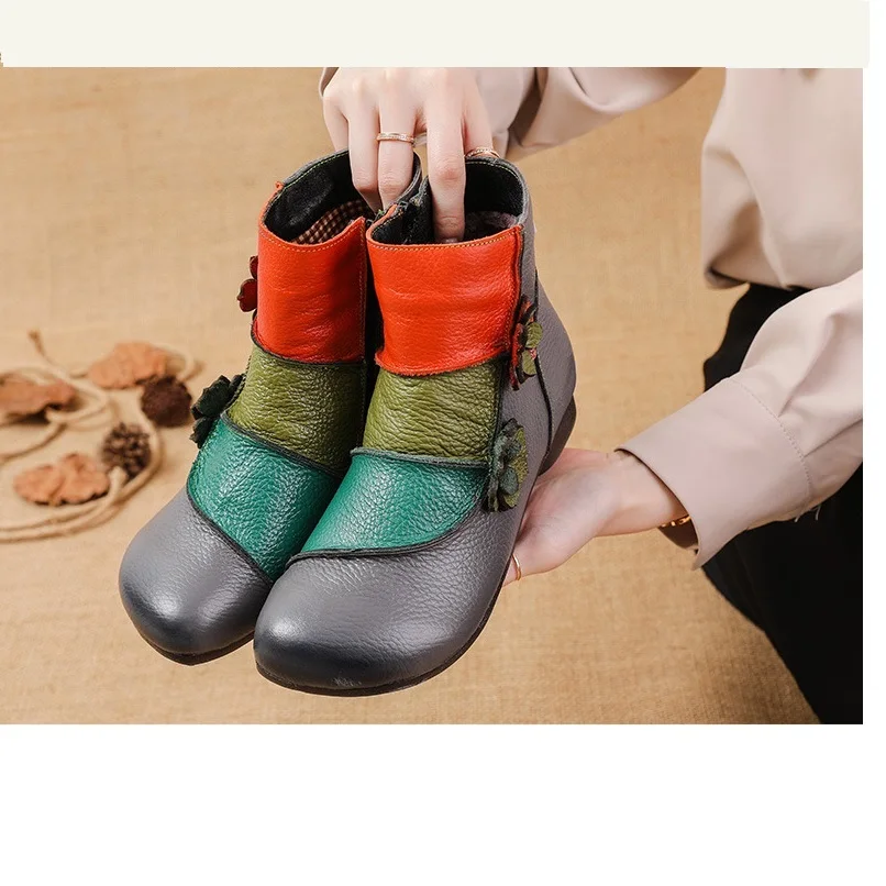 

Genuine leather ankle boots for women stylish multi-colors splicing Leather Boots Woman Luxury Brand Stylish Winter Booties