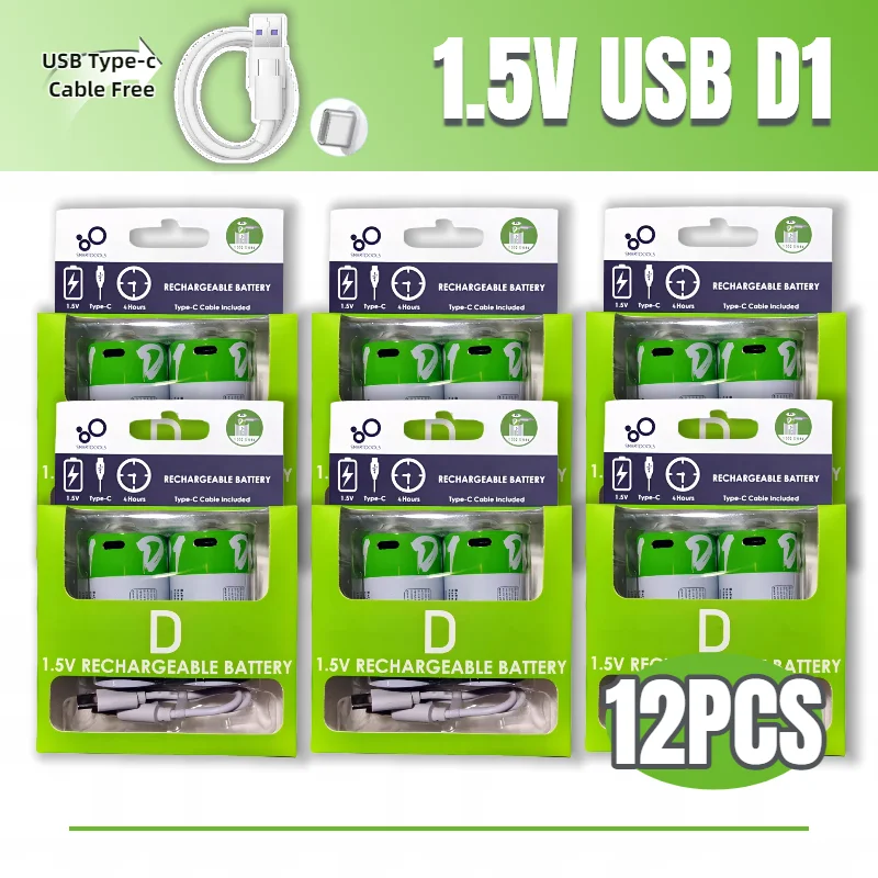 

1.5V D Size Lithium Battery Rechargeable 12000mWh LR20 w/ Type-C Cable, Long Lasting for Flashlight, Gas Water Heaters Stoves