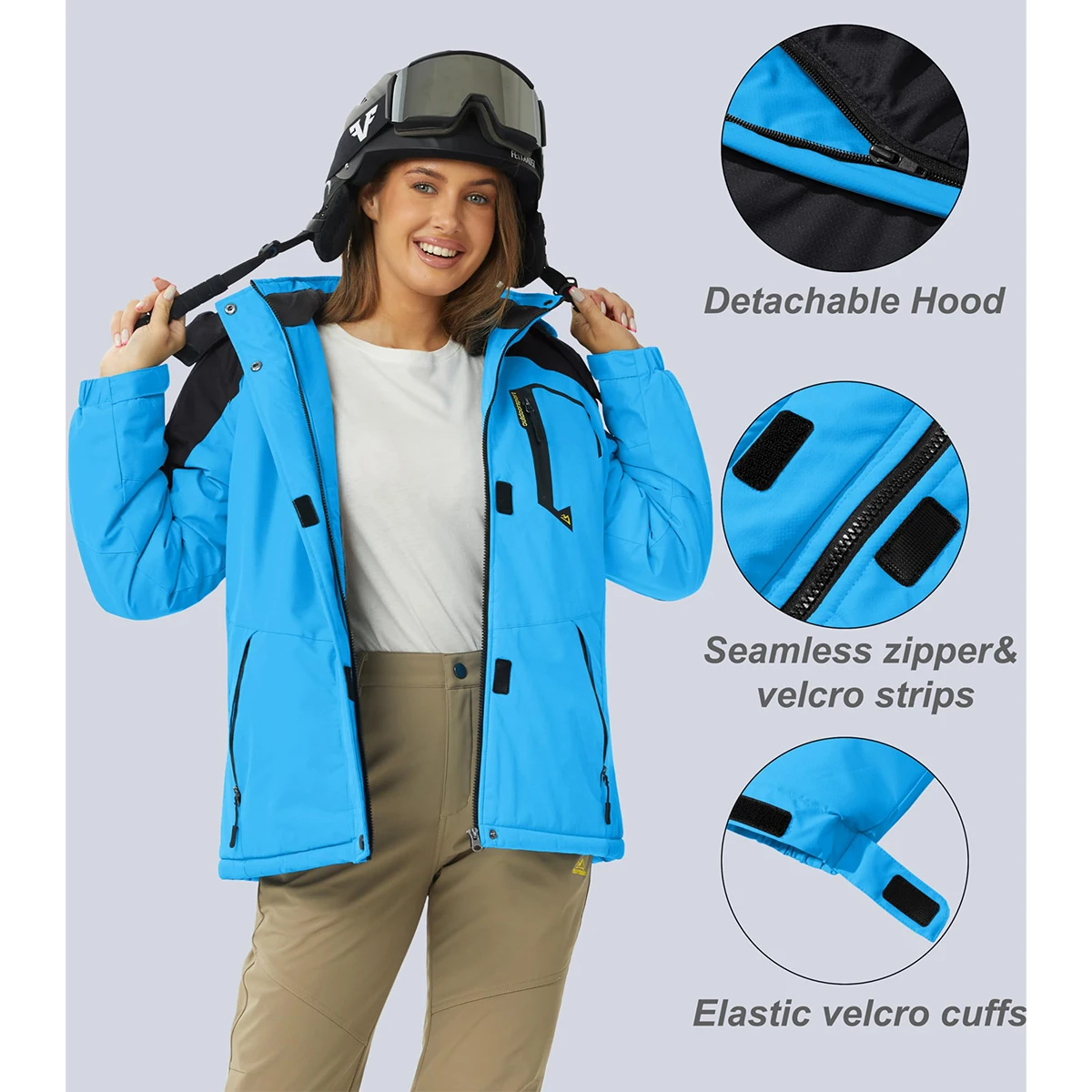 MAGCOMSEN Womens Fleece Ski Jacket Waterproof Snow Coats with Detachable Hood Windproof Thermal Winter Outerwear