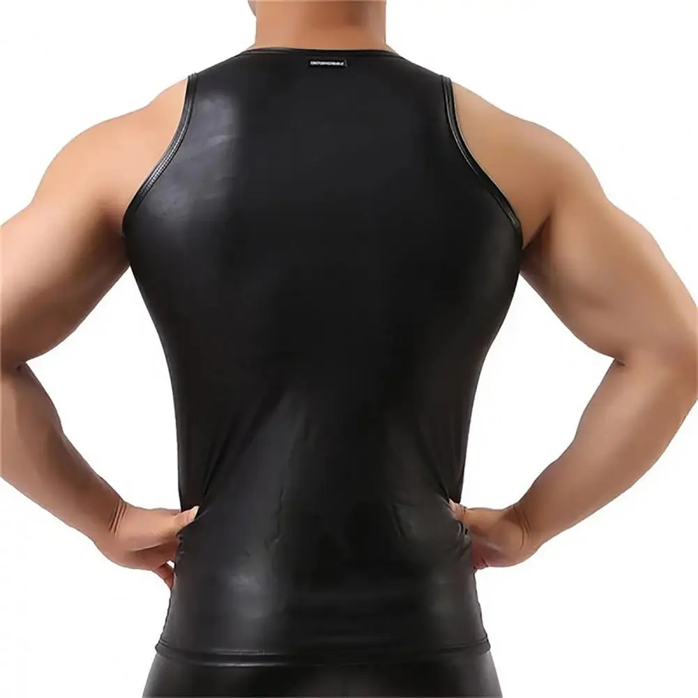 Men Sexy PU Leather Tank Top Sleeveless Erotic Shaping Sheath Stretch Shirts Soft Latex Bodycon Patent Leather T-shirt Club Vest