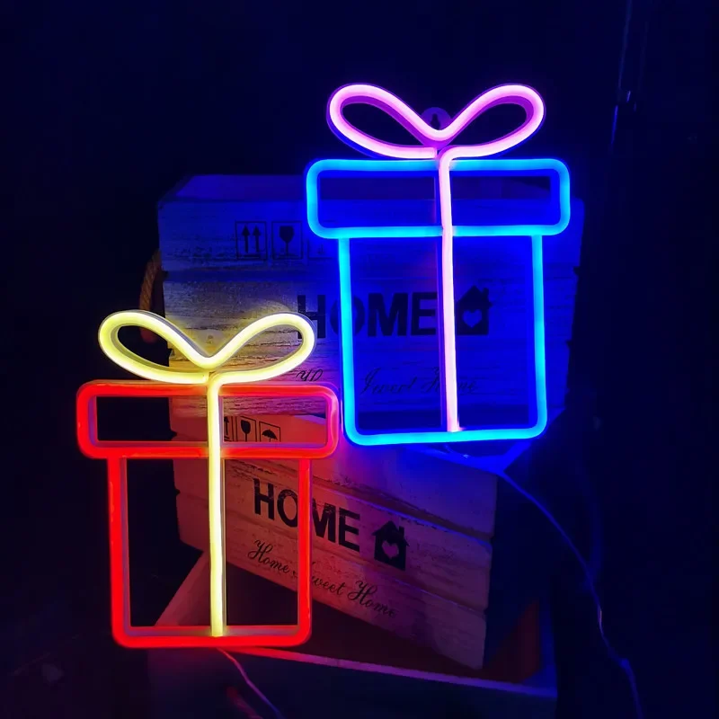 Christmas Gift Box Led Neon Sign Wall Light Santa Claus Coming Bedroom Kids Living Room Bar Party Wedding Decoration Night Lamp