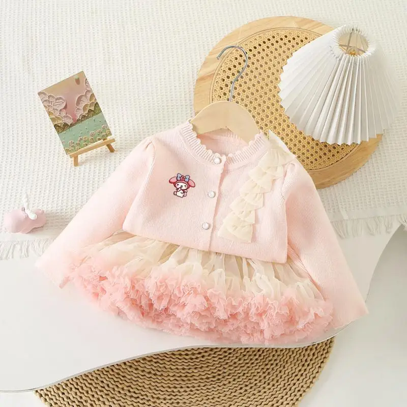 Girls Clothes Set Kawaii Cinnamoroll Kids Knitted Cardigan Tutu Skirts Anime My Melody Girls Sweet Tops Princess Skirts Autumn