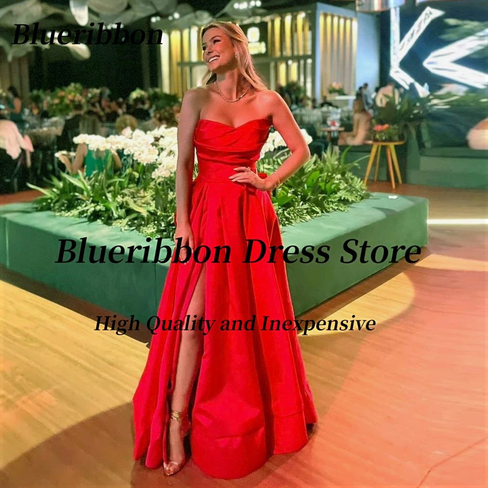 

Blueribbon Red Long Ruched Satin Prom Dresses Sweetheart Sexy Backless Birthday Party Dress Women Wear Evening Gowns