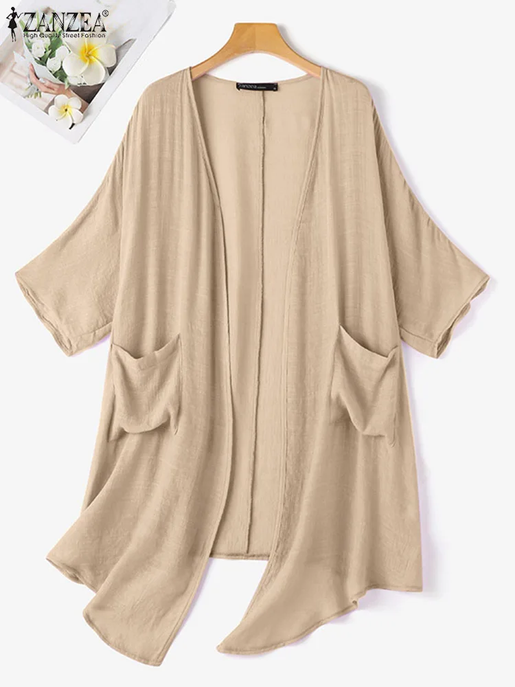 Vintage Solid Kimono Women\'s Summer Blouse Female Cardigan Long Tops Thin ZANZEA 2024 Casual 3/4 Sleeve Cover Up Baggy Blusas