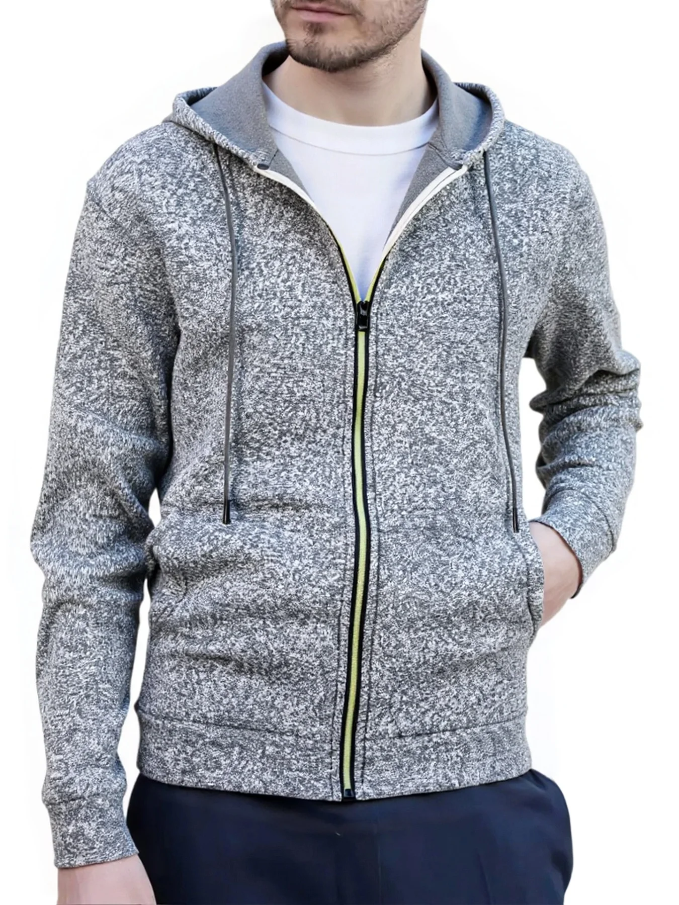 Men Marled Knit Fleece Lined Full Zip Hoodie Adjustable Metal Tip Drawstring Side Hand Pockets Ribbed Cuff HemThermal Sweatshirt