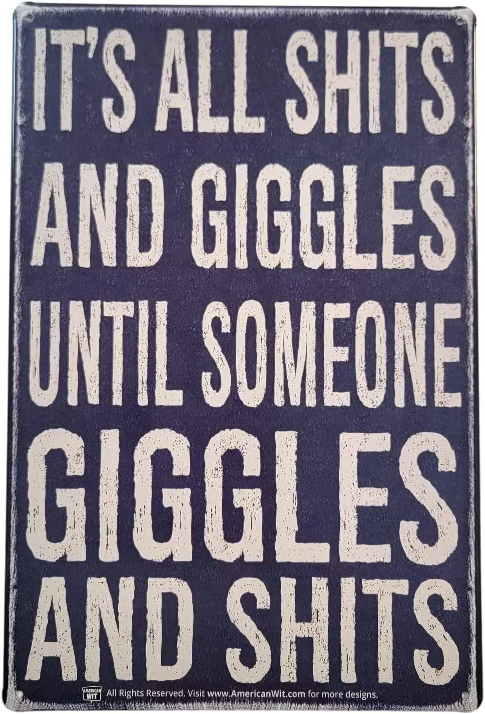 AMERICAN WIT Funny Quote Metal Tin Wall Rusty Retro Looking Sign (12 x 8) (IT'S ALL SHITS AND GIGGLES UNTIL SOMEONE GIGGLES