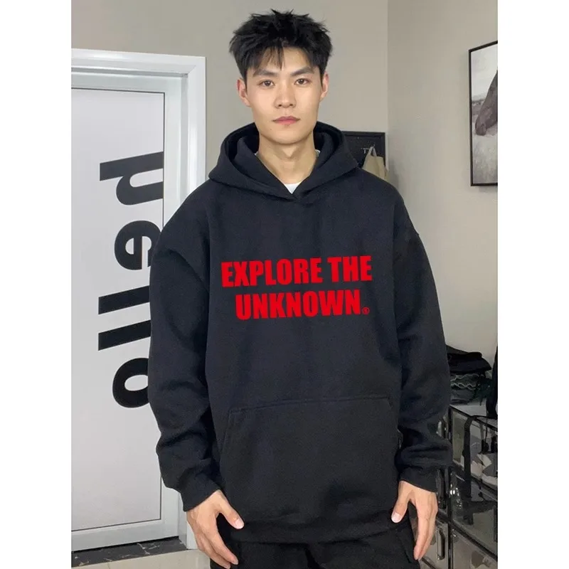 

Bla Fce Lined Hoodie Men's Autumn Winter American Retro Heavyweight Sweatirt Casual Outerwear for Boys And Men