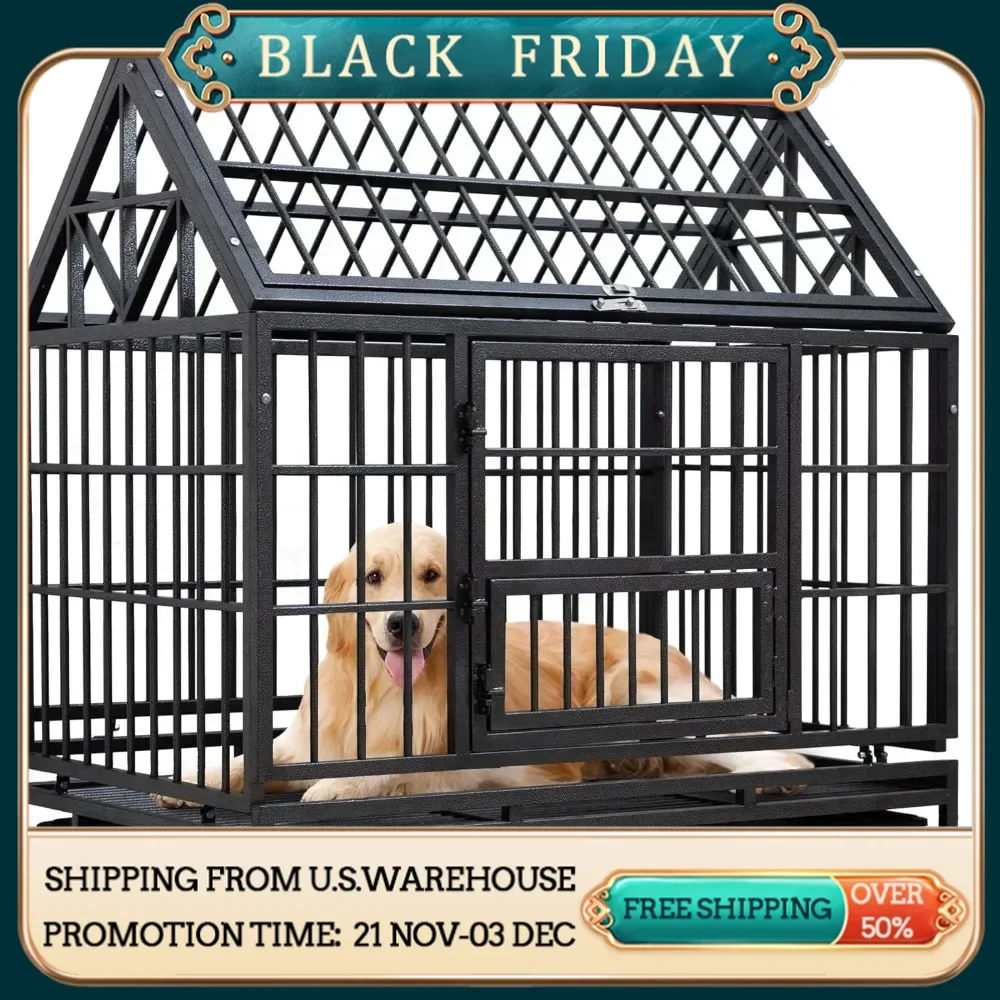 Heavy duty dog cage and kennel with lockable wheels and feeding door, 3 doors and detachable tray design, free shipping