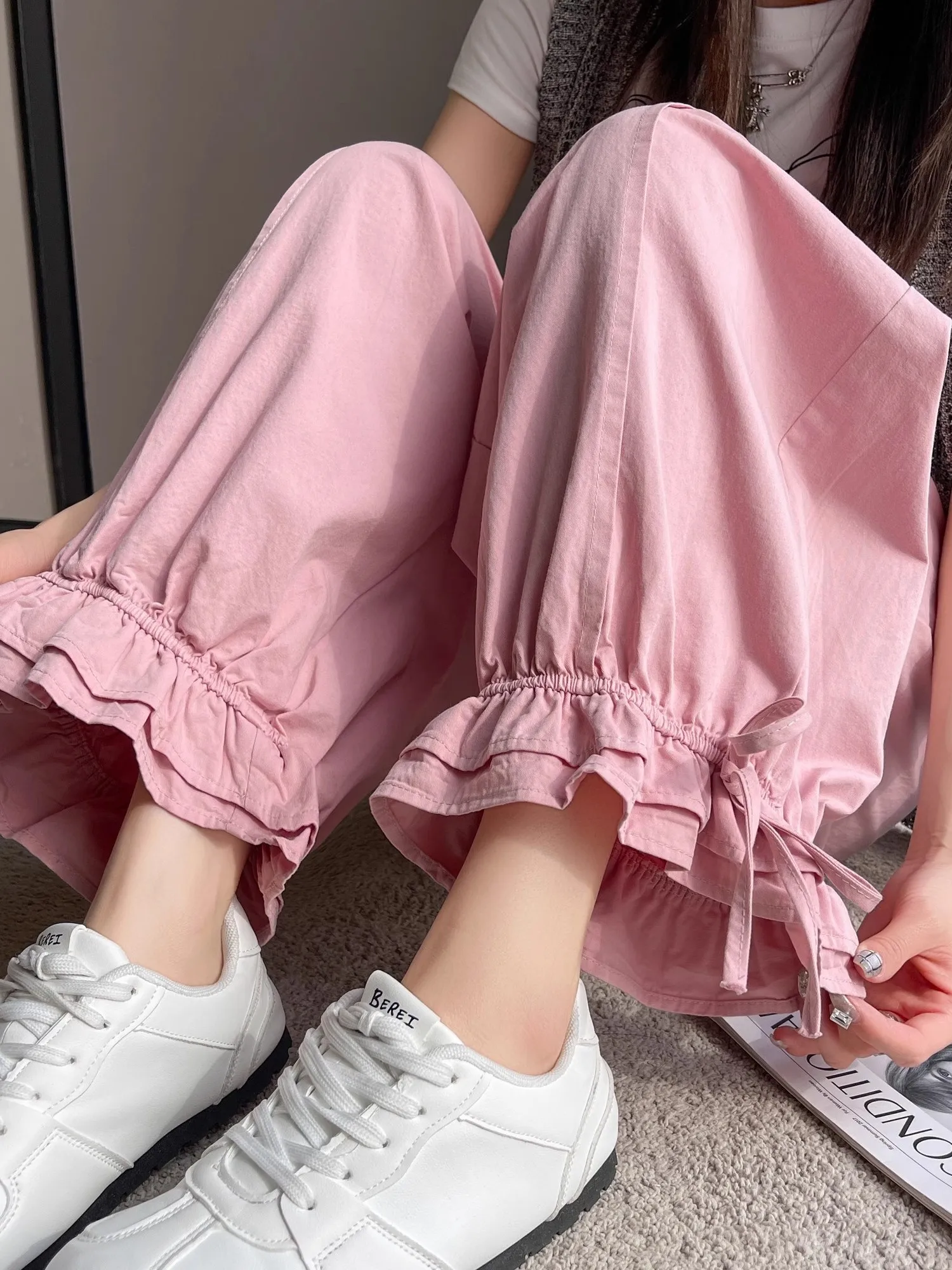 

Розовые женские брюки-фонарики с завязками, весна-лето, с высокой талией, свободные, прямые, в стиле Харлан, укороченные