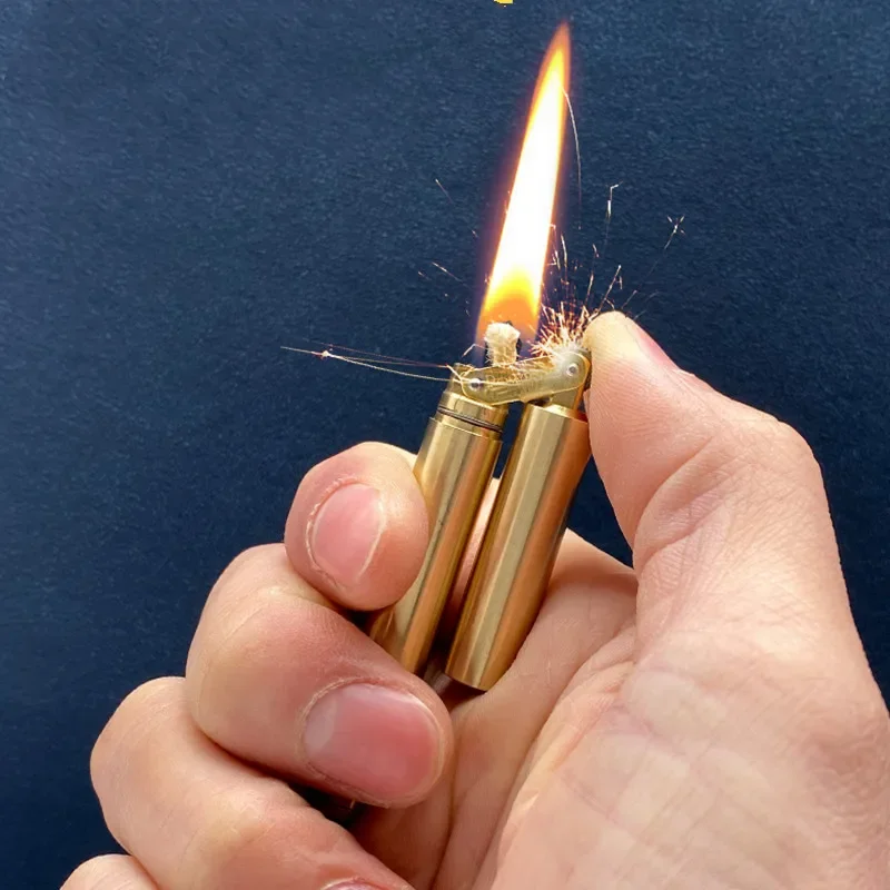 2023 New Brass Kerosene Nunchakus Lighters Windproof Mini Retro Grinding Wheel Ignition Flint Free Fire Men Smoking Toy Gift