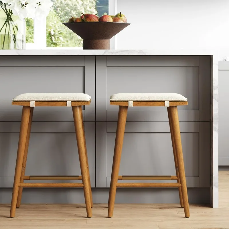 Barker Counter Height Solid Wood Barstool with Upholstered Cushion, Backless Island Stool with Rubberwood Legs and Natural