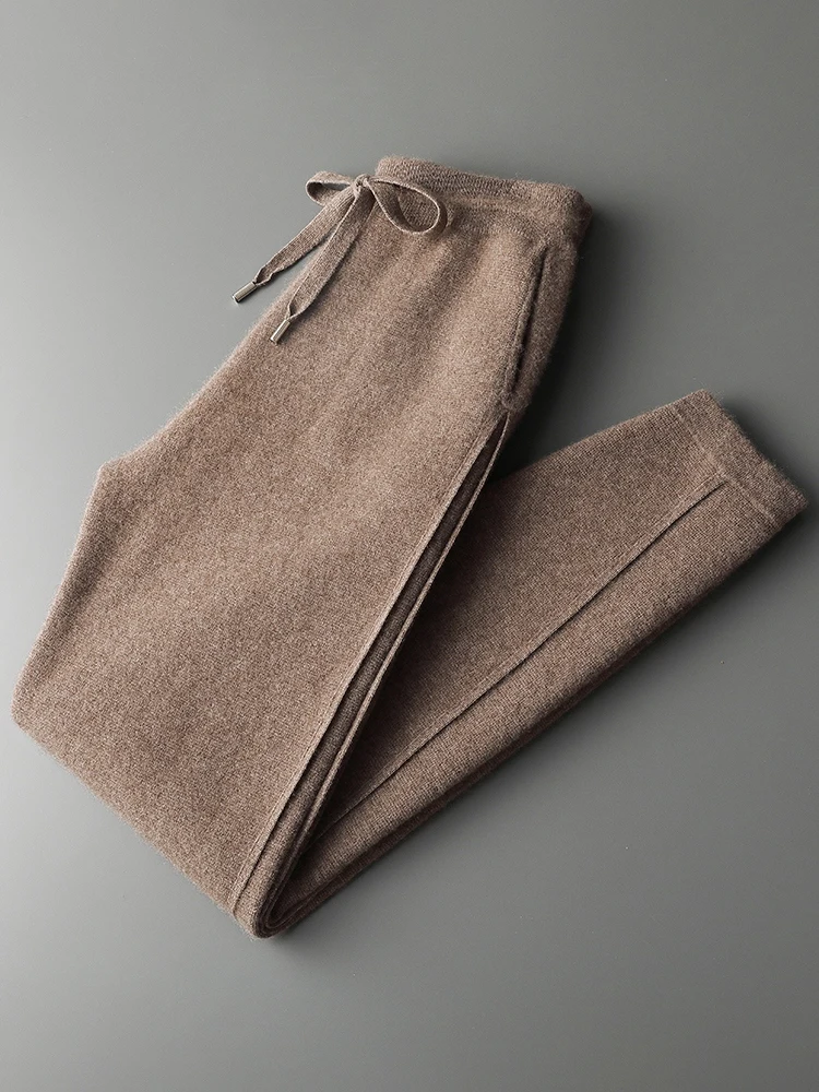100% Cashmere Pants Men's Thicken Casual Seam Pencil Pants Autumn Winter Drawstring Elastic Waist Trousers Fashion Solid Knitted