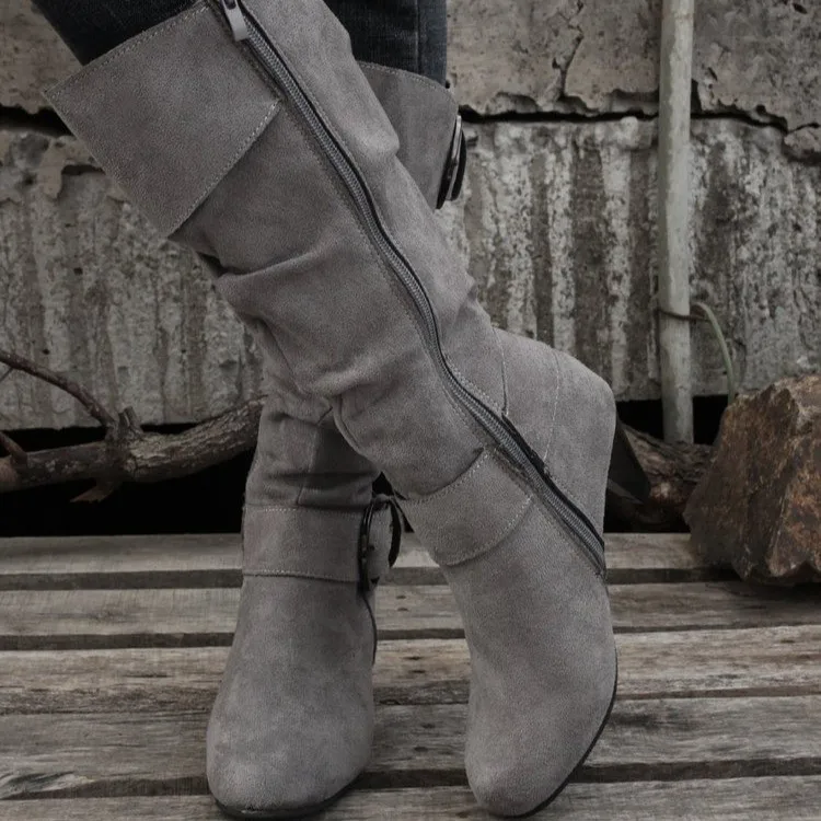 Womens High Tube Boots with High Heels Round Toe Side Zipper Anti-slip Wear Four Season Abrasive Leather Grey Fashion Boots