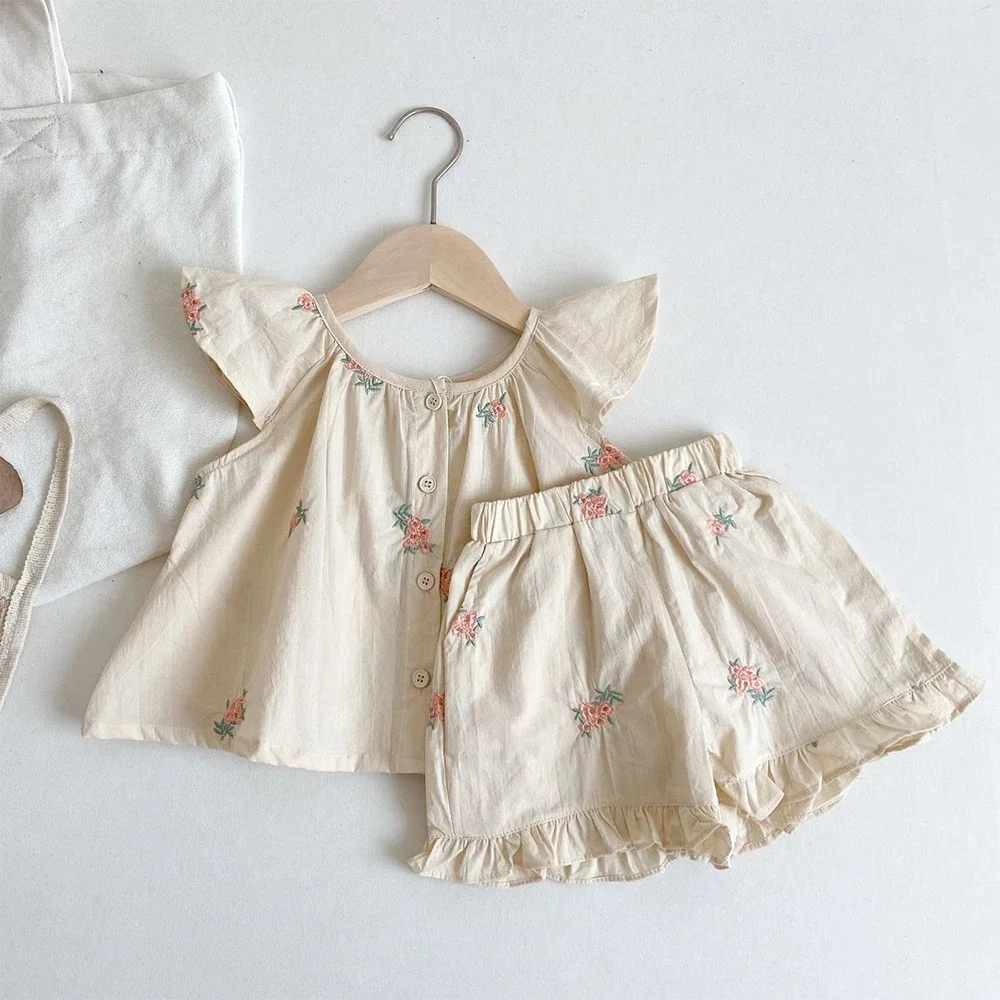 Sommermode-Set für Mädchen, Kinder-Blumendruck, fliegende Ärmel, Top + Shorts, zweiteiliges, süßes, erfrischendes Set für kleine Mädchen – Detail 16