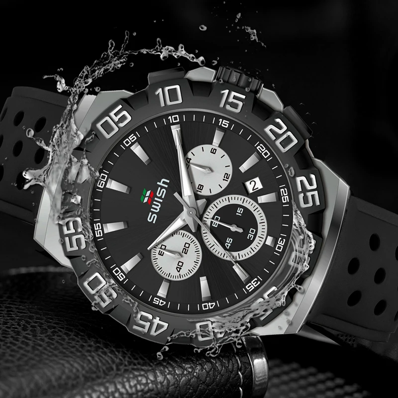 SWISH Waterproof black Chronograph Watch for Men Sport Wristwatch Military Clock 24 Hours Rubber Strap Relogio Masculino Quartz