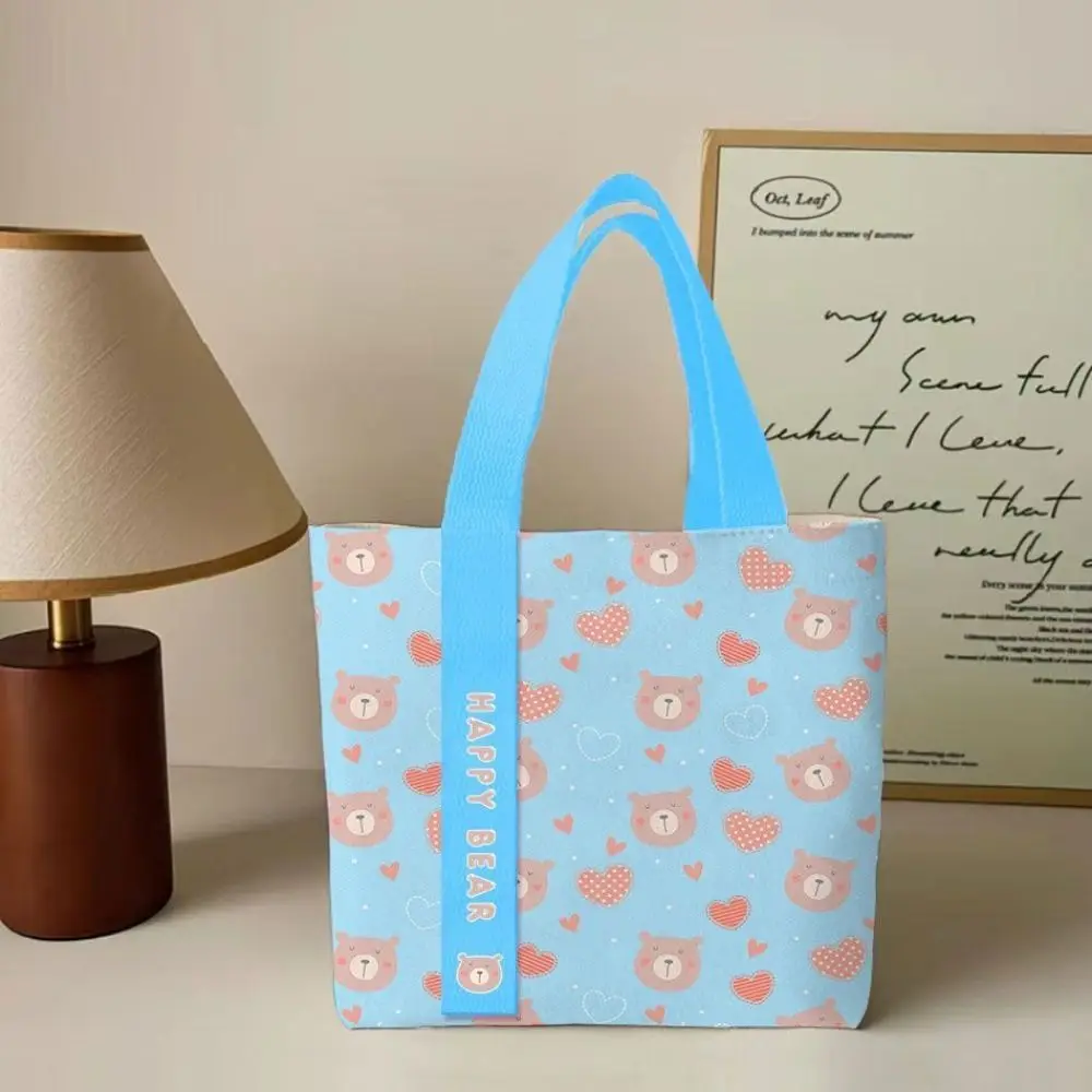 Durable Heart Bear Pattern Canvas Bag Reusable Large Capacity Shoulder Bag Versatile Lightweight Tote Bag Daily Commuting