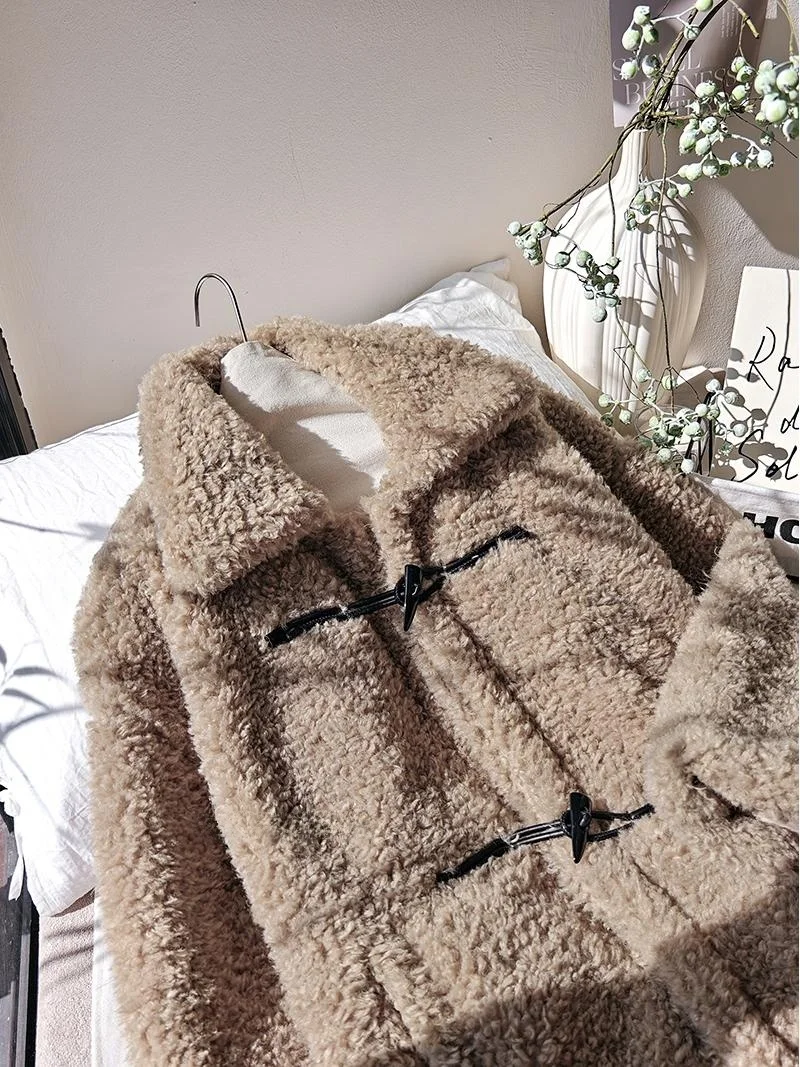 Kerry Wanita Panjang eepskin Jaet Kerah Berdiri Berkancing Mantel Musim Dingin Hangat Panjang Sedang Pakaian Luar Berbulu Perjalanan Sle...