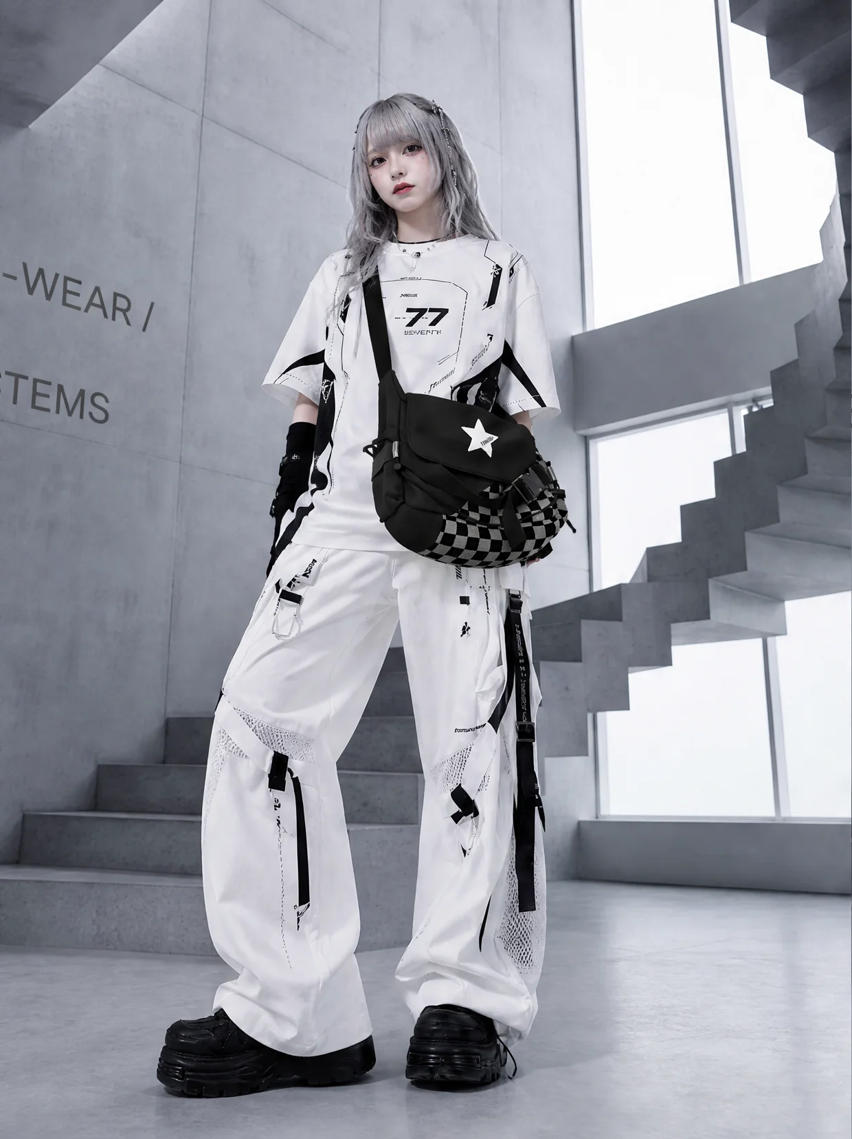 YONAIGA Original Functional Star Print Chessboard Pattern Single Shoulder Slant Crossbody Bag Unisex Small  Design