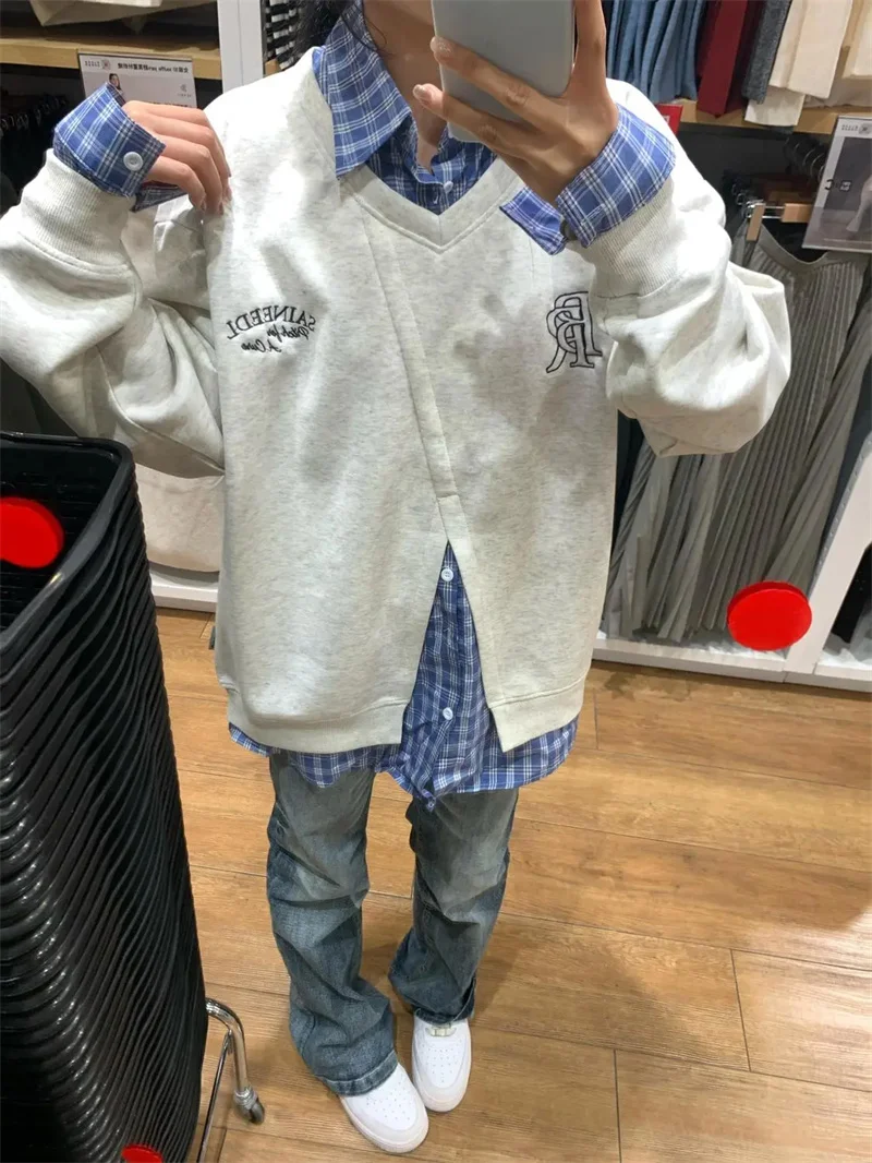 American Style Fake Two-Piece Hoodie For Women in Spring and Autumn 2025 New Korean Style Small Versatile Patchwork Top Jacket