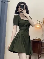 Mini Dress for Women Folds Solid Puff Sleeve Summer Design Tender Daily Korean Style Slim Fit Popular Fashion Vestido Feminino