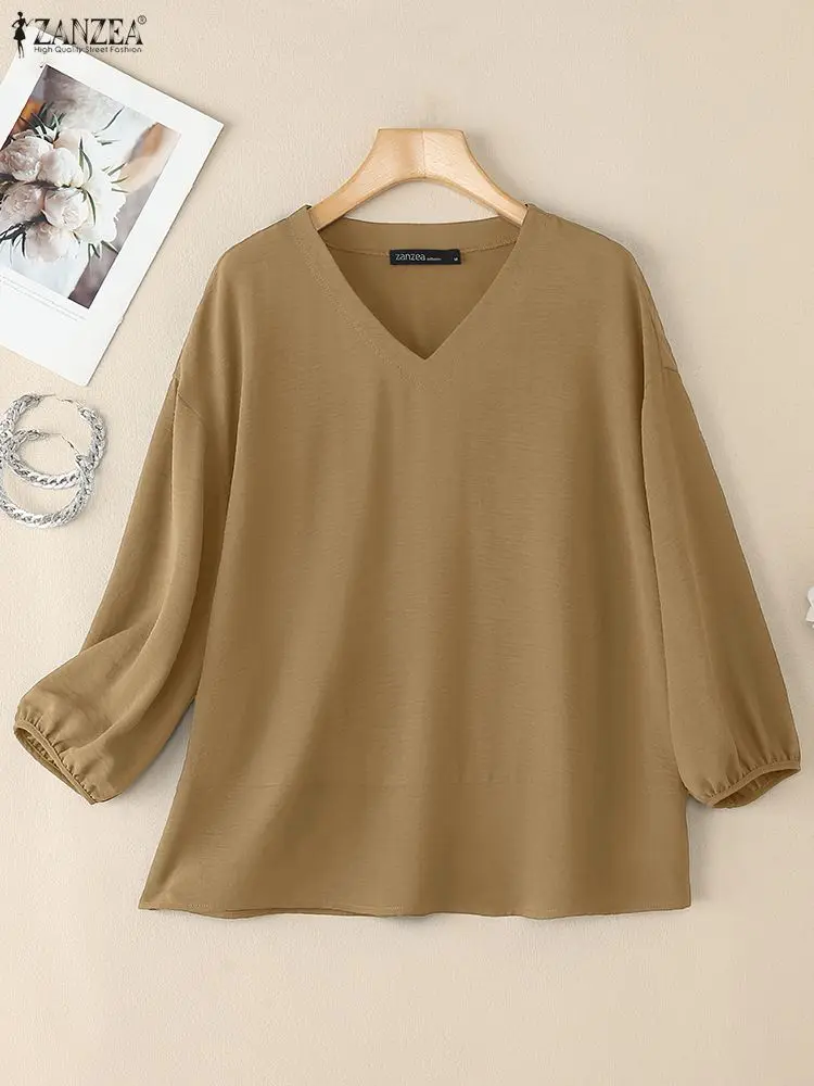 

ZANZEA Fashion Tops Women's Solid Blouse Shirts 3/4 Puff Sleeve V-Neck Casual Loose Elegant Office Lady Blusas Famale Clothing