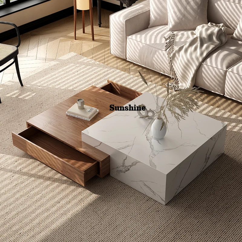 

Nordic medieval style living room solid wood rock slab retractable coffee table TV cabinet combination modern simple small