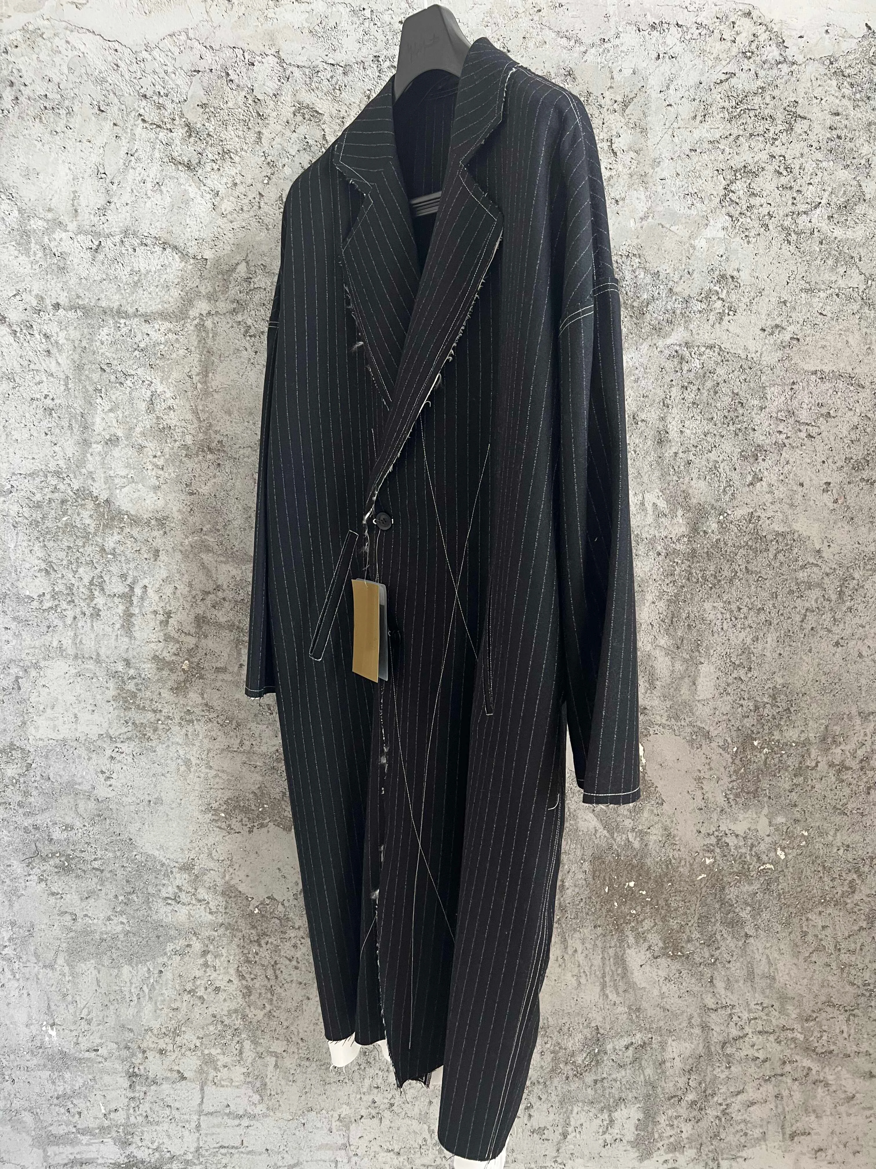 TOP-YAMAMOTO striped wool mid-length trench coat with copper ammonia wool fringes