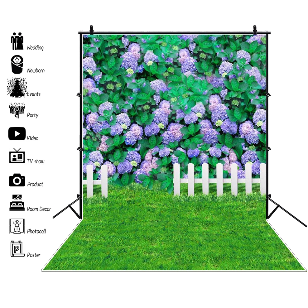 Laeacco 봄 정원 배경 사진 작가, 녹색 잔디 자연 울타리 꽃 사진 배경, 사진 스튜디오 소품
