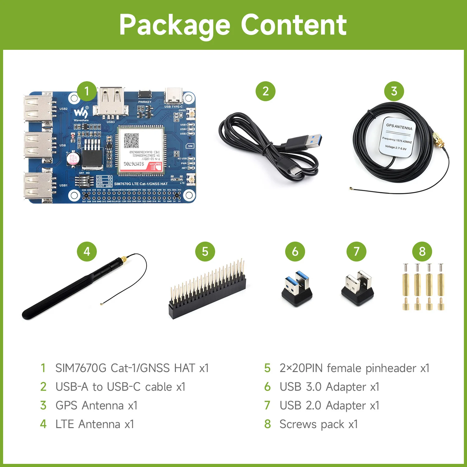 

Waveshare Cat-1/GNSS HAT for Raspberry Pi, Based On SIM7670G module, Global Multi-band LTE 4G Cat-1 support, GNSS, 3x USB 2.0