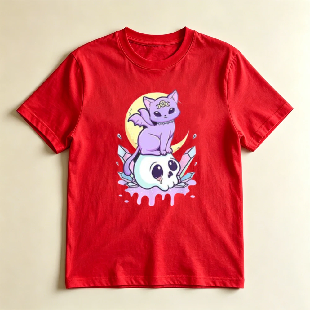 Pastel Goth Bat Cat Skull Moon Crystal Graphic Tees Witchy Purple Demon Kitten Print Women T Shirt Aesthetic Gothic Casual Tops