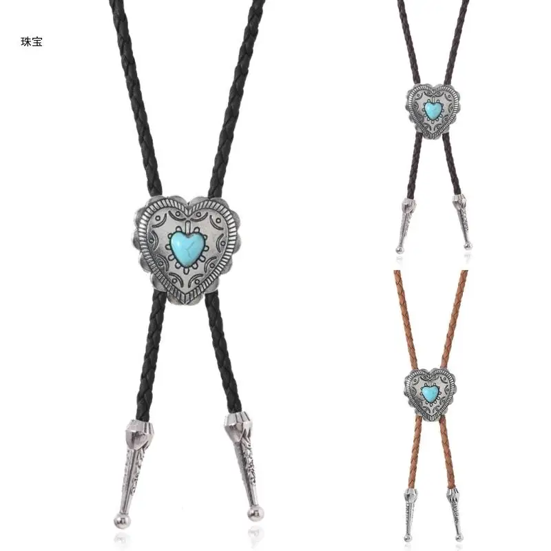 

X5QE 3Pieces Metal Heart Stone Bolo Tie Western Fashion Leather Necktie for Unisex