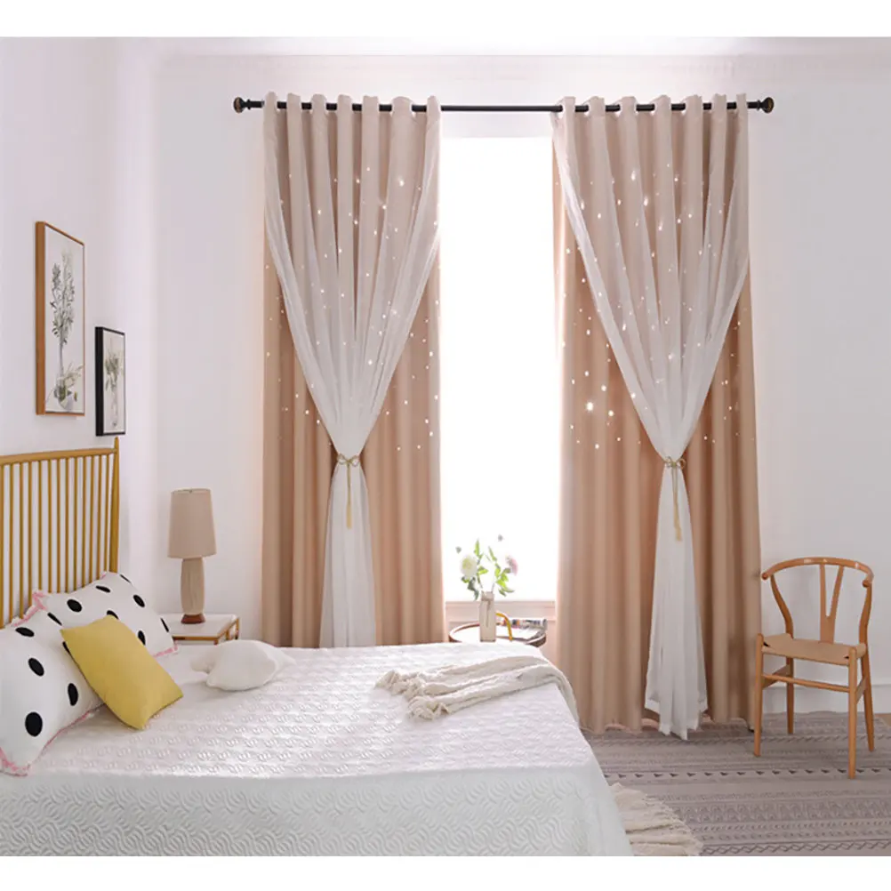 1Pcs Double Layer Hollow Star Blackout Curtain Beige Window Drapes Bedroom Window Decor Light Blocking Sunshade