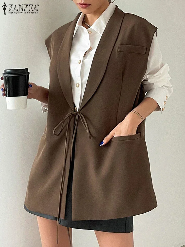

ZANZEA Oversized Outwear 2025 Autumn Fashion Women Sleeveless Vest Fashion Lapel Collar Waistcoat Elegant Lace Up Blazer Jackets