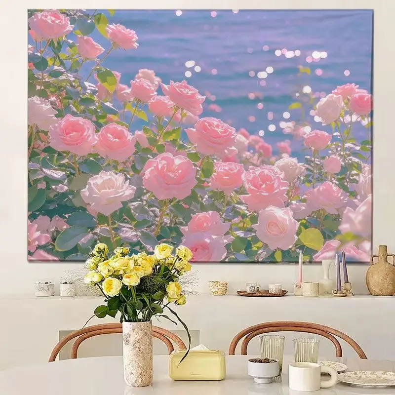 VIKAMA Fresh Pink Tulip Flower Tapestry HD Wear resistant Fabric Living Room Decoration Home Decoration