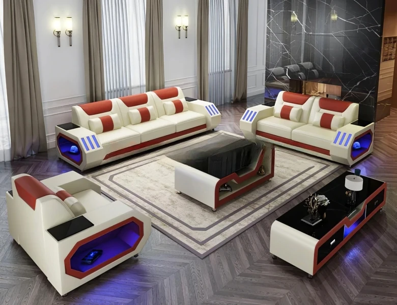 Leather Sofa Set with LED Light Living Room Furniture Couch Sofas Modernos Para Sala Grandes Sofás with USB Charging