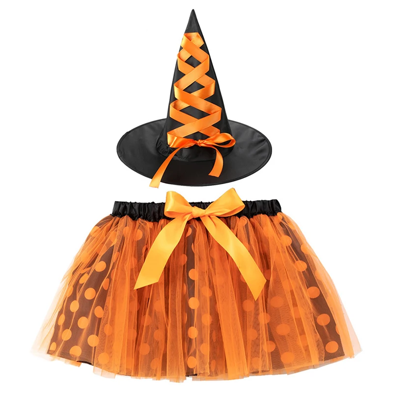 Girls Witch Costume Spider Web Tutu Skirt + Witch Hat 2Pcs Outfit For Children Halloween Carnival Party Cosplay Fancy Dressed Up