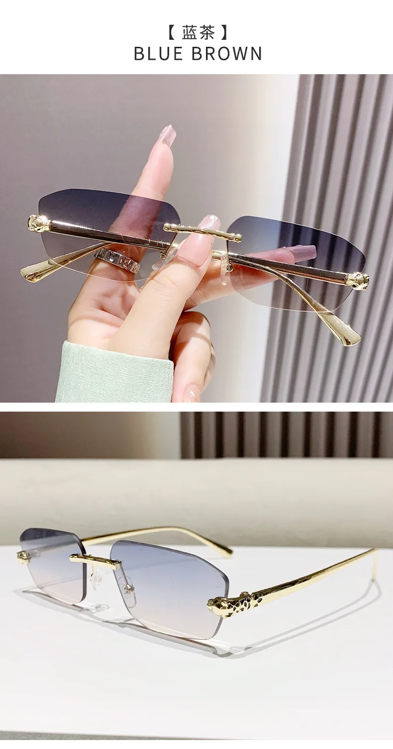 Classic Frameless Small Frame Fashion Sunglasses Metal Polygonal Cheetah Sunglasses High-End Luxury Retro Sunglasses Women UV400