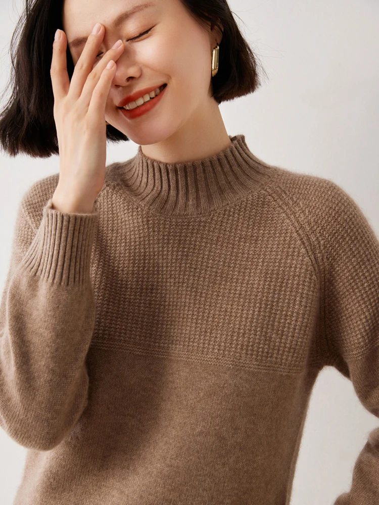 High Quality Women Autumn Winter Thick Sweater Mock-Meck Twist Striped Pullover 100% Cashmere Knitwear Vintage Style