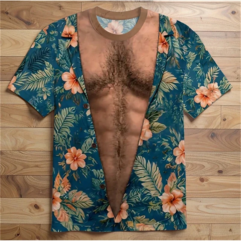 2026 Men's Hawaiian Short-Sleeve T-Shirt Funny Muscle Print Retro Floral Pattern Casual and Stylish Loose Fit Trendy Men's Top