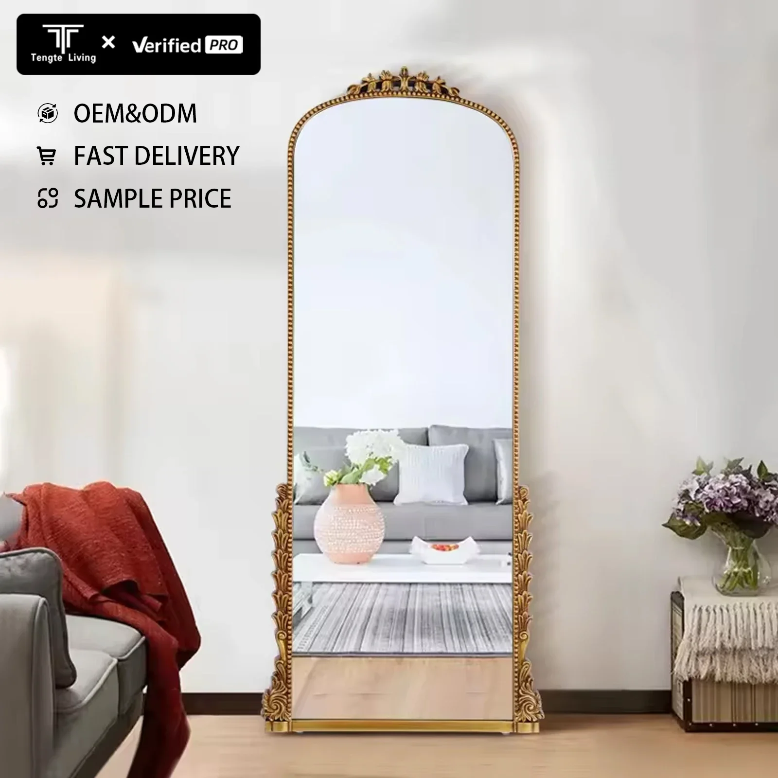 Arch French PU Framed mirrors decor full length gold dressing mirror wall