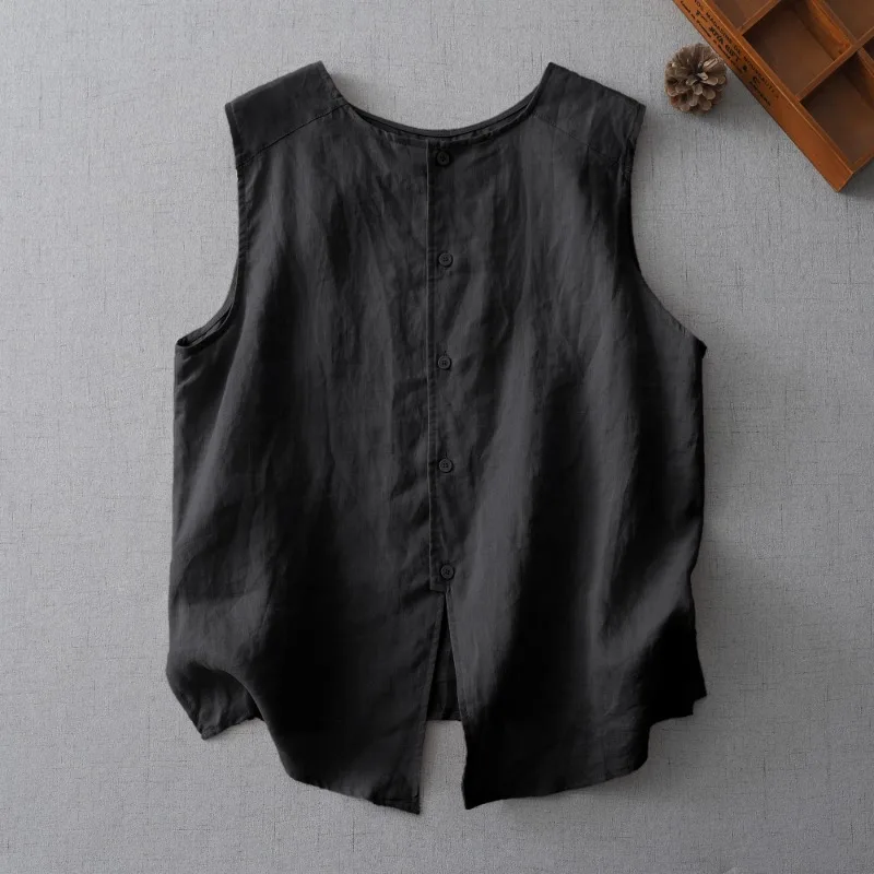 Nuova camicia gilet nera bianca concisa Camicia estiva da donna sottile casual senza maniche ampia Camicetta in cotone e lino
