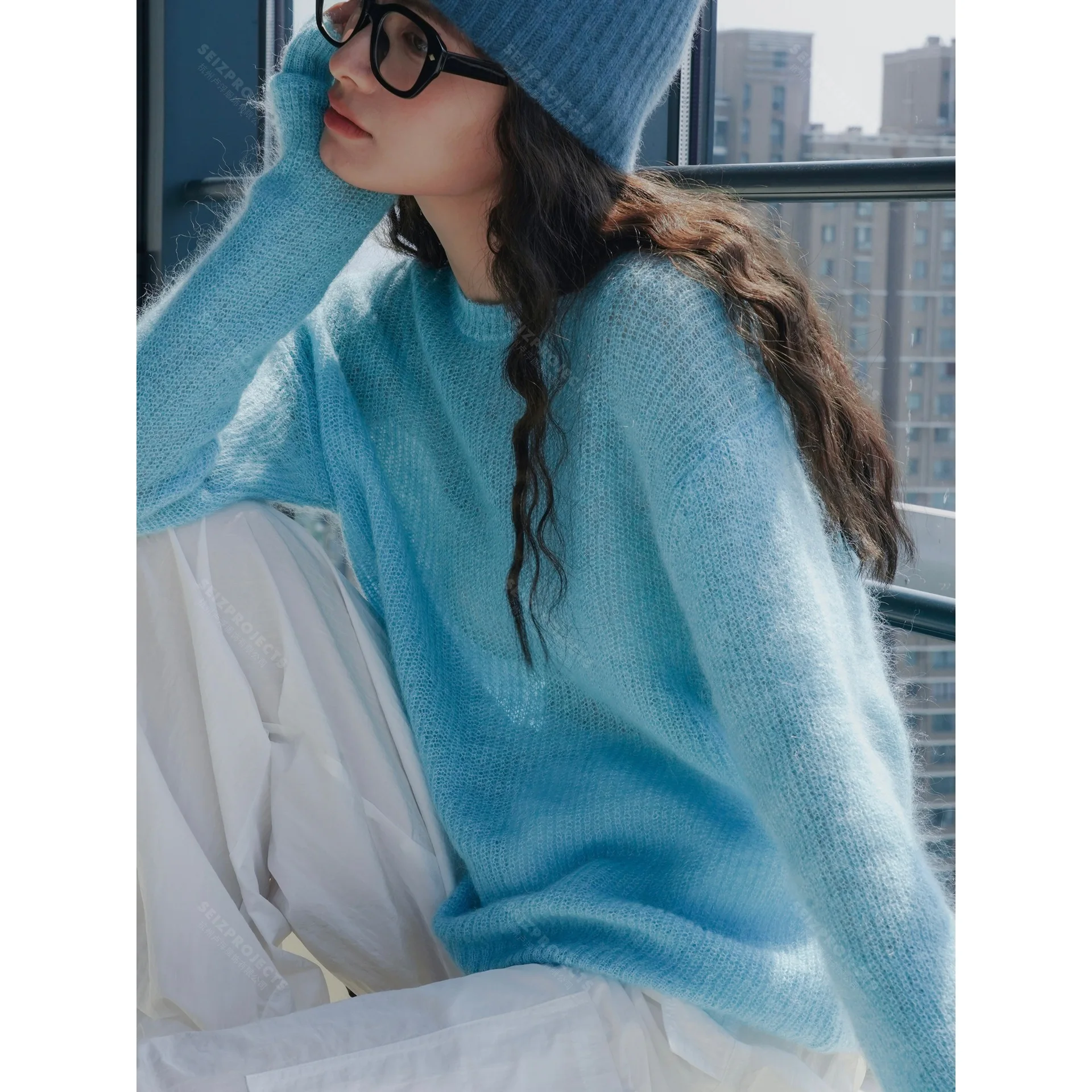 Donna autunno morbido maglione di Cashmere o-collo stile sciolto Mohair maglione blu scava fuori le donne pullover moda maglione Pull Femme