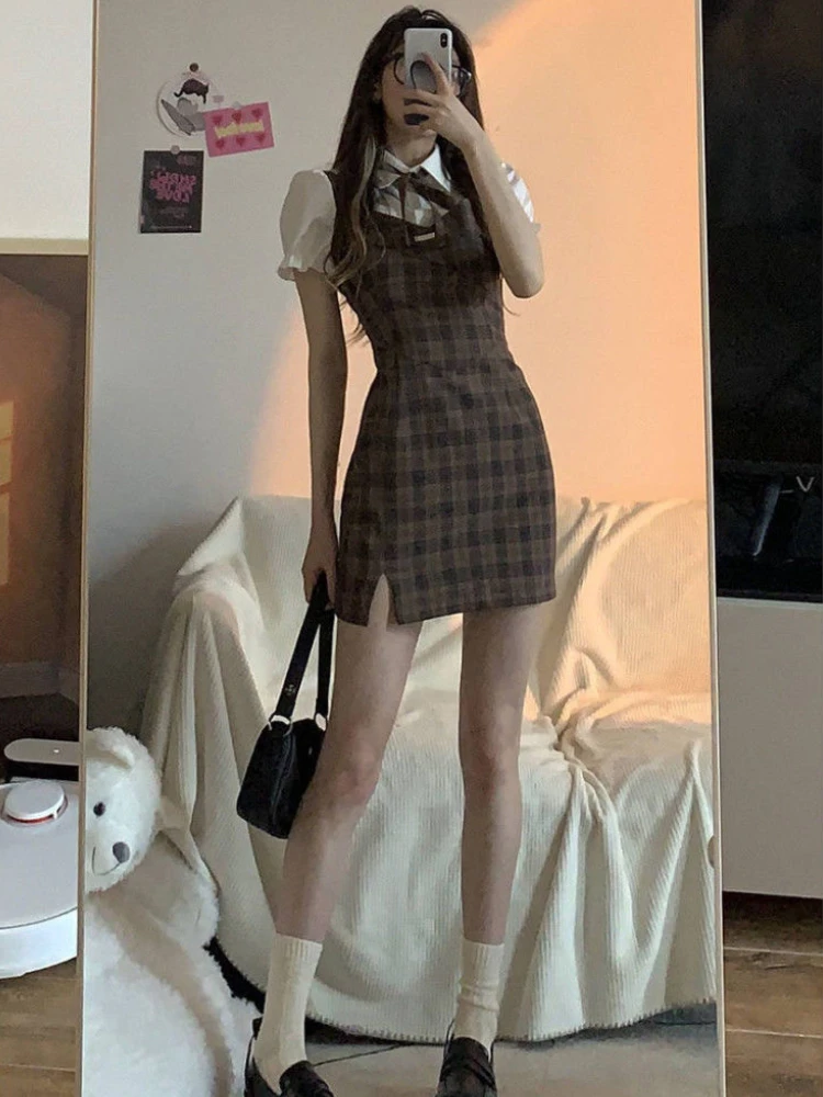 Mini Dresses for Women Fake Two Pieces Puff Sleeve Bow Summer Plaid Hotsweet Preppy Style Elegant Chic Fashion All-match Ladies