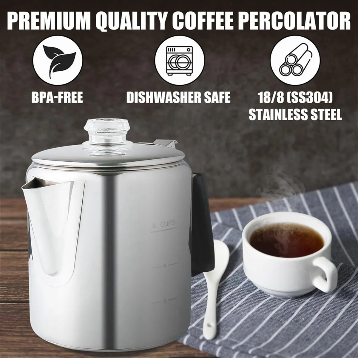 Multi Use Percolator Coffee Pot with Heat Glass Knob & Silica Gel Handle, for Indoor Induction Cooktop, 6 Cup-ABAM
