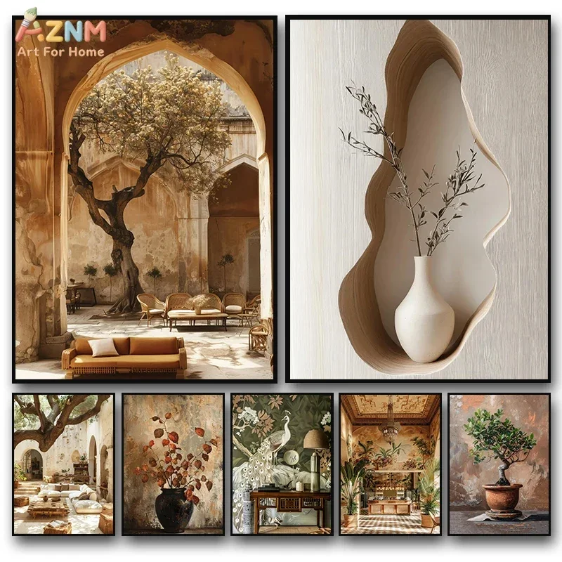 AZNM Wabi Sabi Vintage Arch Interior Canvas Wall Art, Neutral Rustic Old Building Peacock Plant Vase Botanical Landscape Illustr