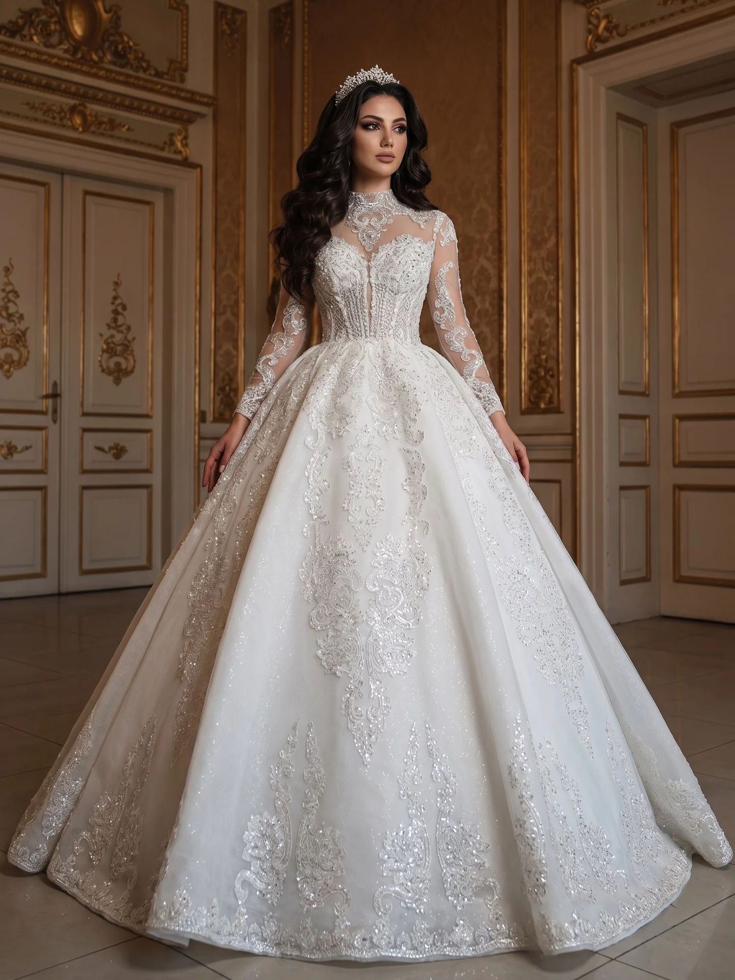 Exquisite A-Line Lace Bead Decal Women's Wedding Dress High Neck Transparent Long Sleeved Vestido De Novia 2026 Customized