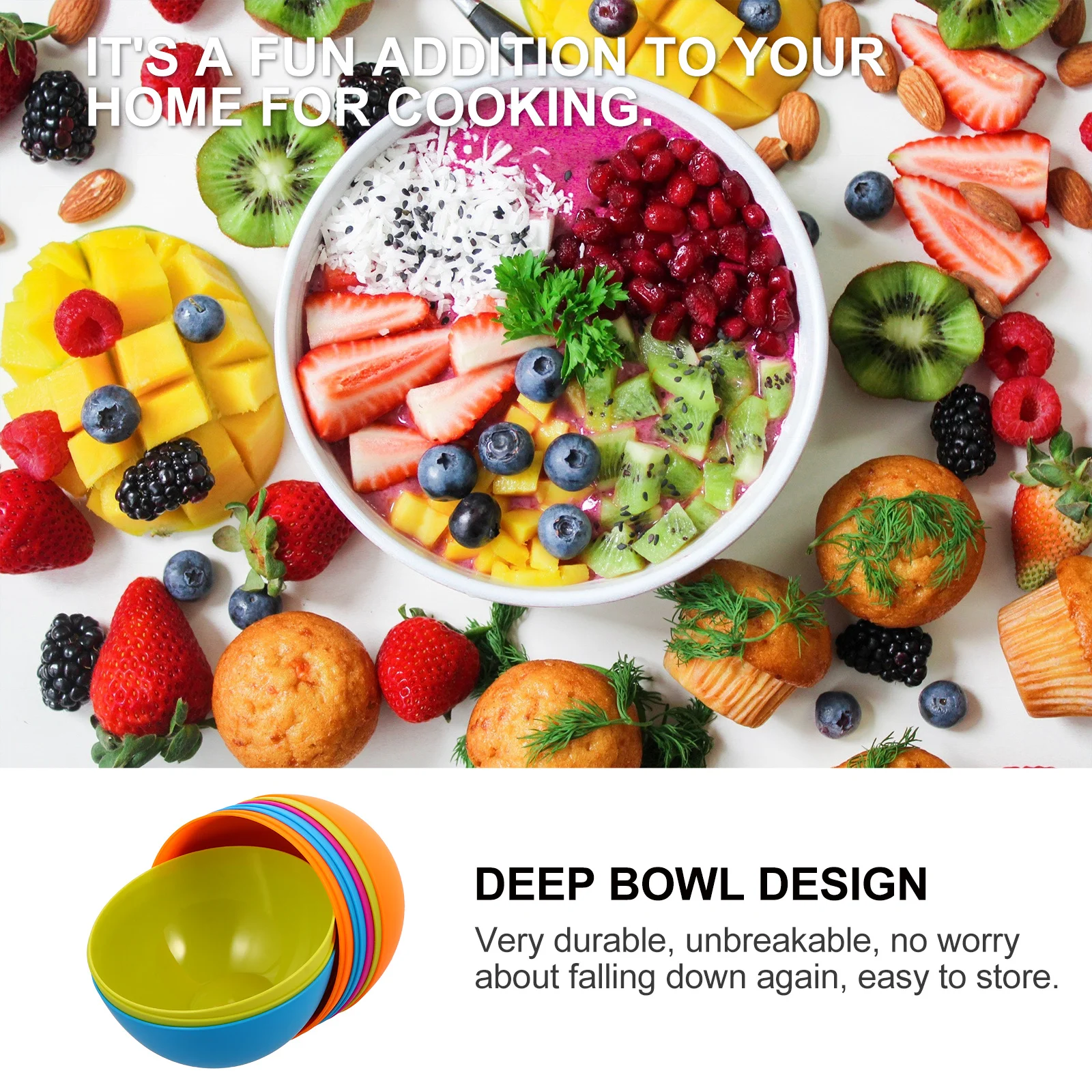 

10pcs Unbreakable Plastic Bowl Set Deep Design For Soup Noodle Rice Salad Cereal Kitchen Tableware Portable Bowls For Picnic